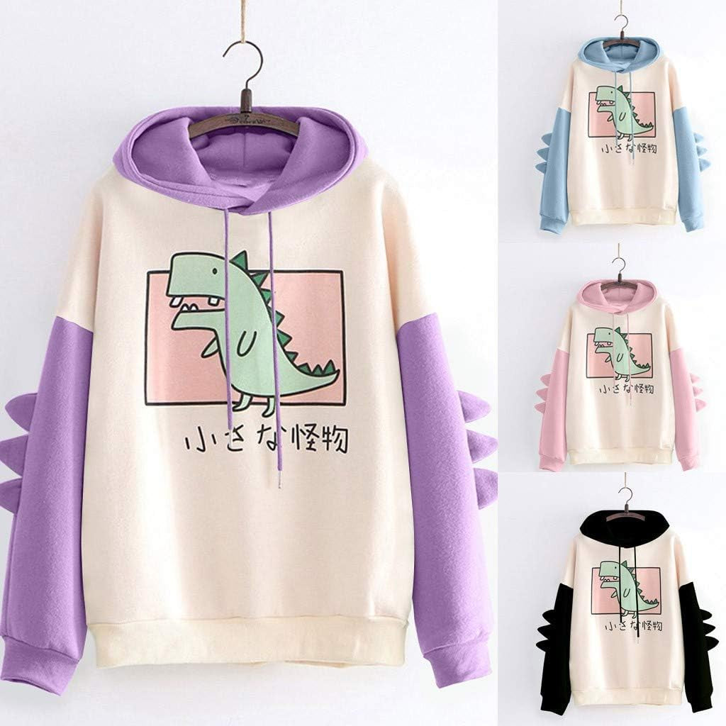 Women'S Teen Girls Cute Dinosaur Long Sleeve Hoodies Casual Loose Sweaters Hooded Sweatshirts Pullover Tops Shirts Black
