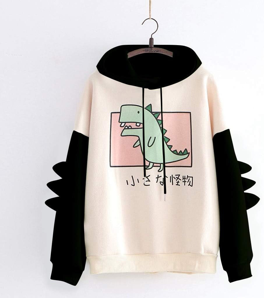 Women'S Teen Girls Cute Dinosaur Long Sleeve Hoodies Casual Loose Sweaters Hooded Sweatshirts Pullover Tops Shirts Black