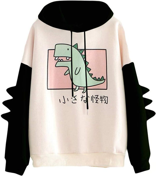 Women'S Teen Girls Cute Dinosaur Long Sleeve Hoodies Casual Loose Sweaters Hooded Sweatshirts Pullover Tops Shirts Black